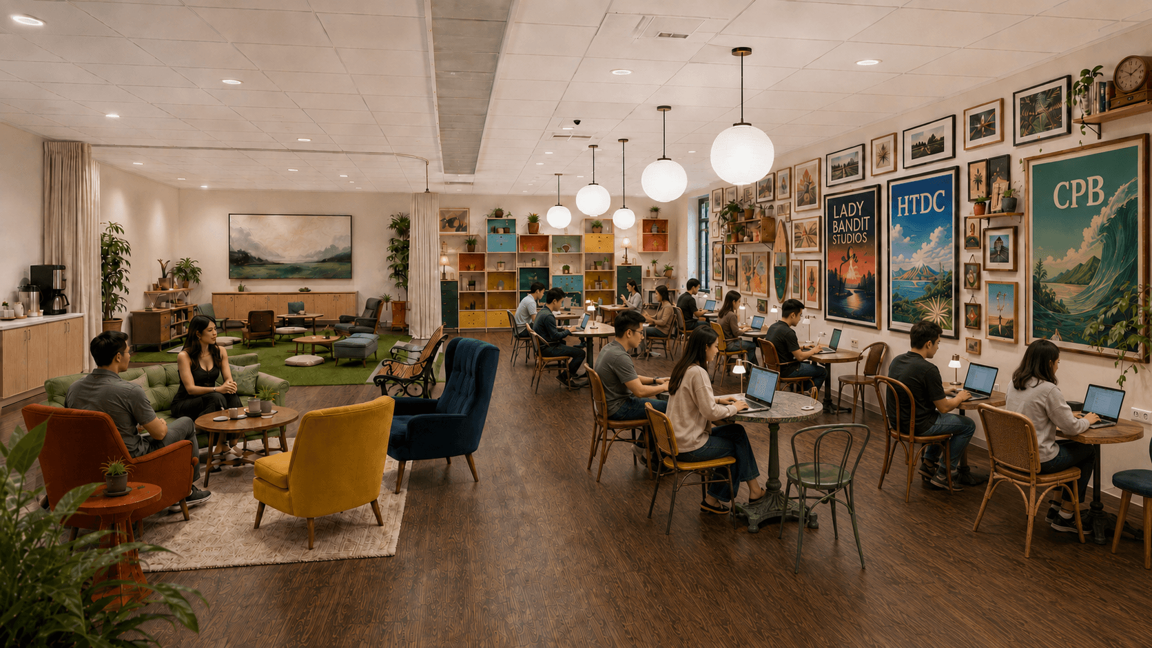 A shared work space with a number of tables and alternative seating areas.